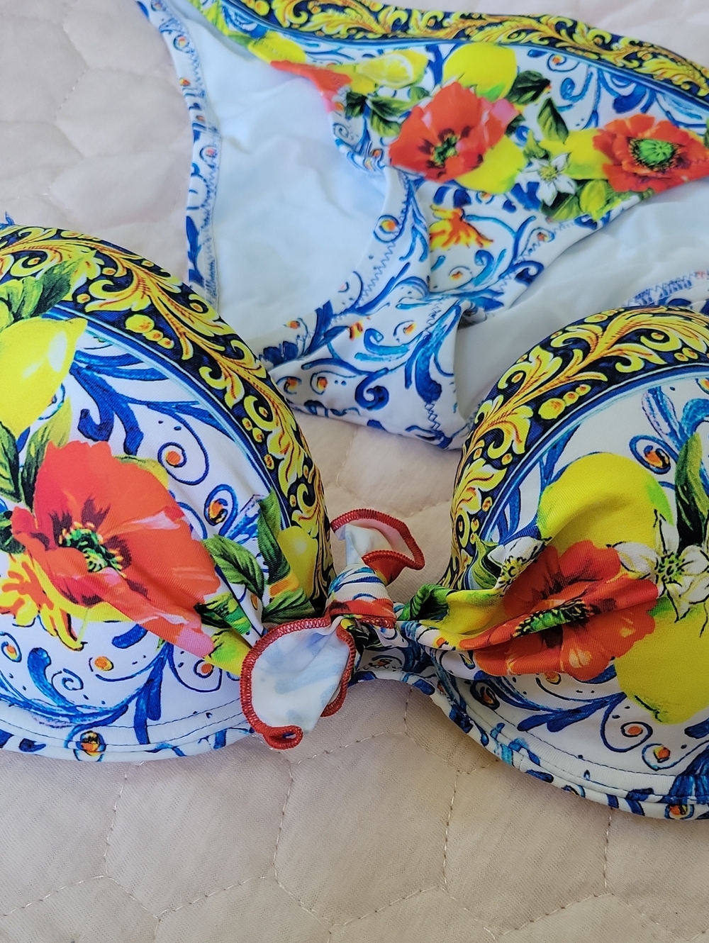 "Aubade" Floral Tow Pieces Swimsuit - Blue and Yellow